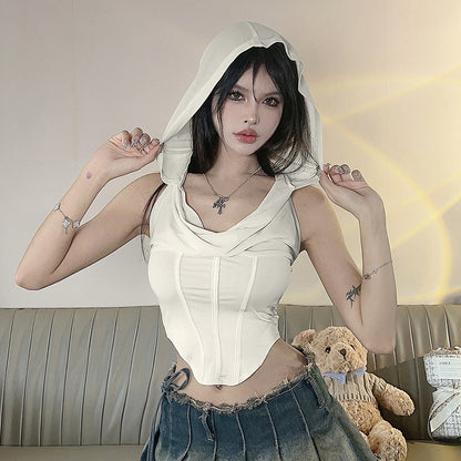 Solid Color Slim-Fit Hollow-Out Cut-Out Hooded Halter Crop-Top