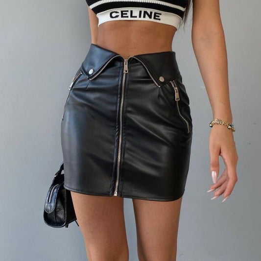 Faux-Leather Slim-Fit Zipper Skirt