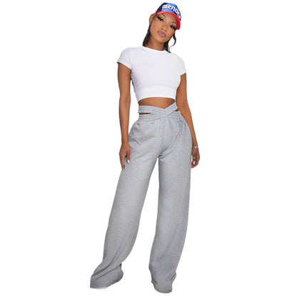 Solid Color Double-Layer Waistband Wide-Leg Pants
