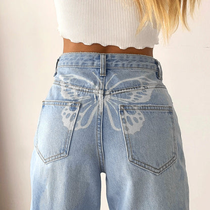 Printed Straight Leg Butterfly-Bow-Knot Denim Jeans (7524741218392)