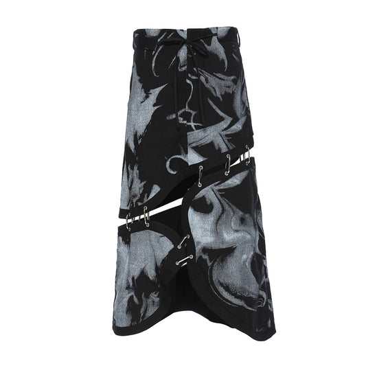 Printed Irregular Asymmetrical Stitching Detachable Skirt