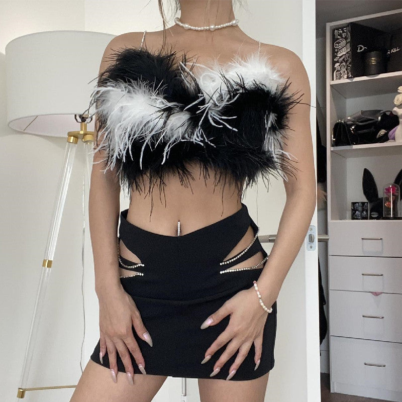 Off-Shoulder Zip-Up Furry Tube Top (7517921017944)