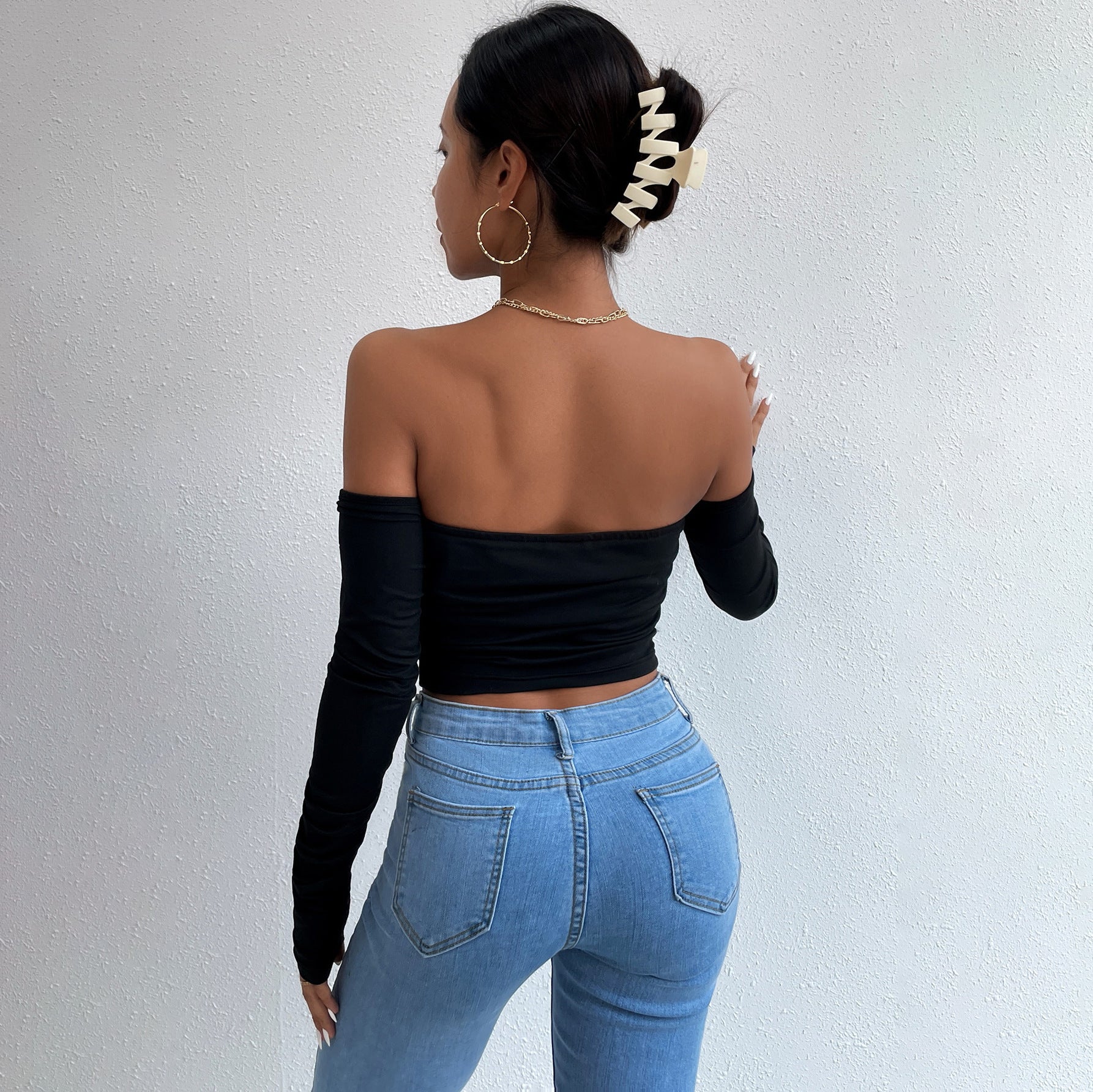 Retro Fur Line Tube-Top Long-Sleeves Off-Neck Backless Off-Shoulder Top (7518488363096)
