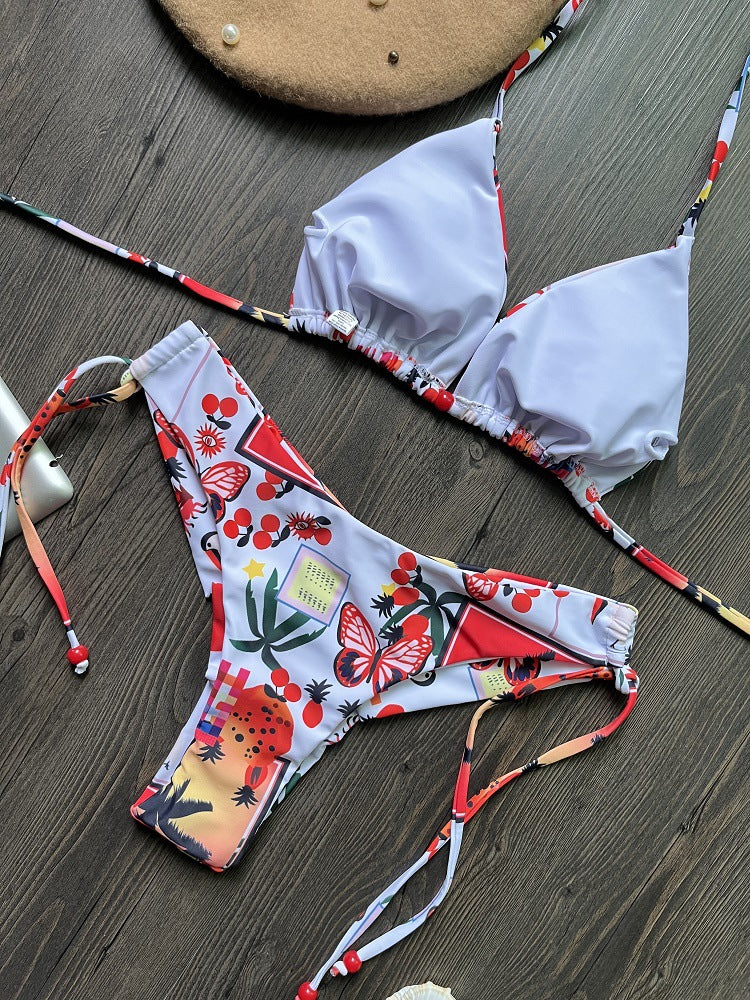 Triangle Print - Bikini Printed Detail Lace-Up Bikini (7516580708440)