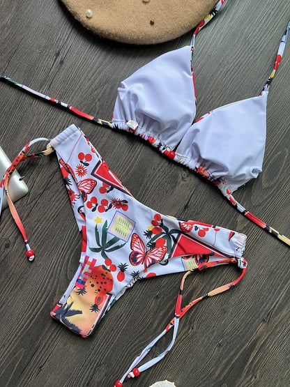 Triangle Print - Bikini Printed Detail Lace-Up Bikini (7516580708440)