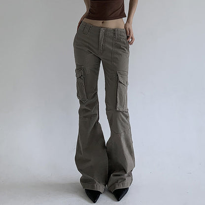 Patchwork Split-Pocket Low-Waist Cargo Denim Jeans