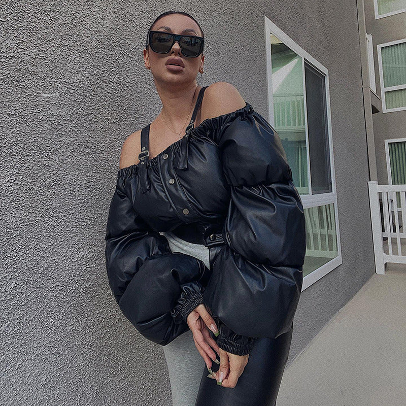 Jacket So Comfy - Adjustable Shoulder Straps Off Neck Puff Sleeve Waist Trimming Short Cotton Padded Jacket (7516641329240)