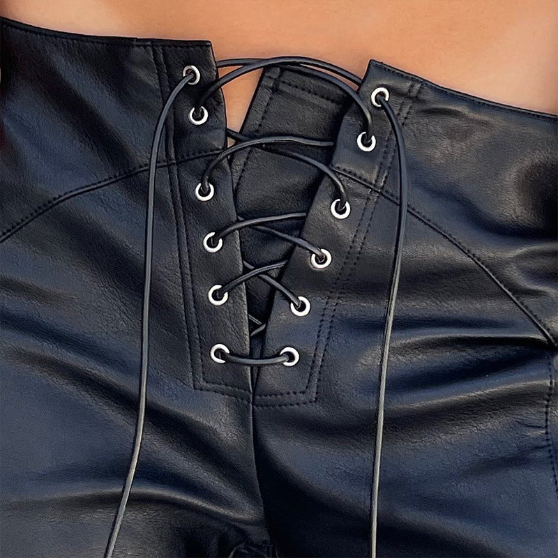 Faux-Leather Low-Waist Lace-Up Pants (7524749803608)