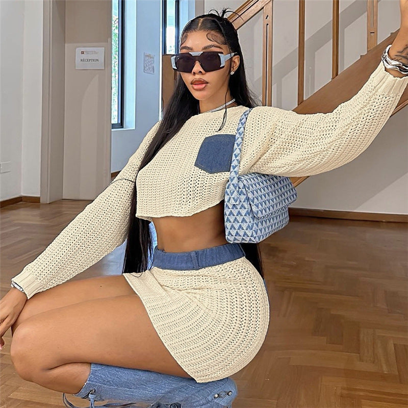 Denim Collage - Long-Sleeves Sweater Knit Skirt Set (7520598261848)