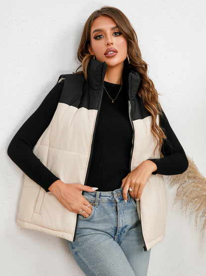 Stand-Collar Color Block Vest Coat