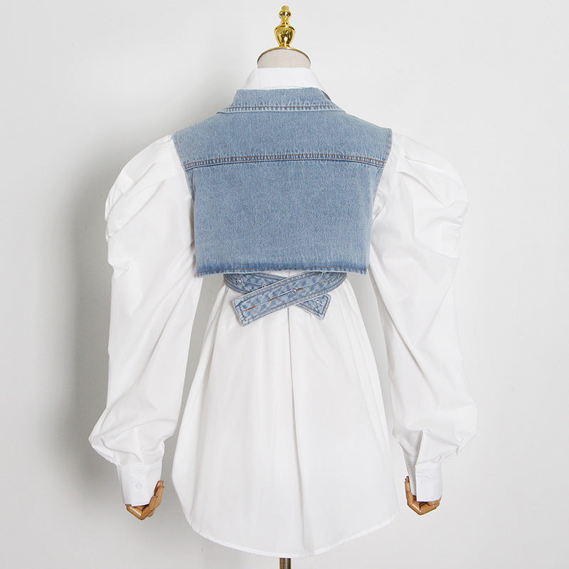 Blouse-Blouse - Solid Color Denim Lace-Up Vest Shirt Blouse (7519157583960)