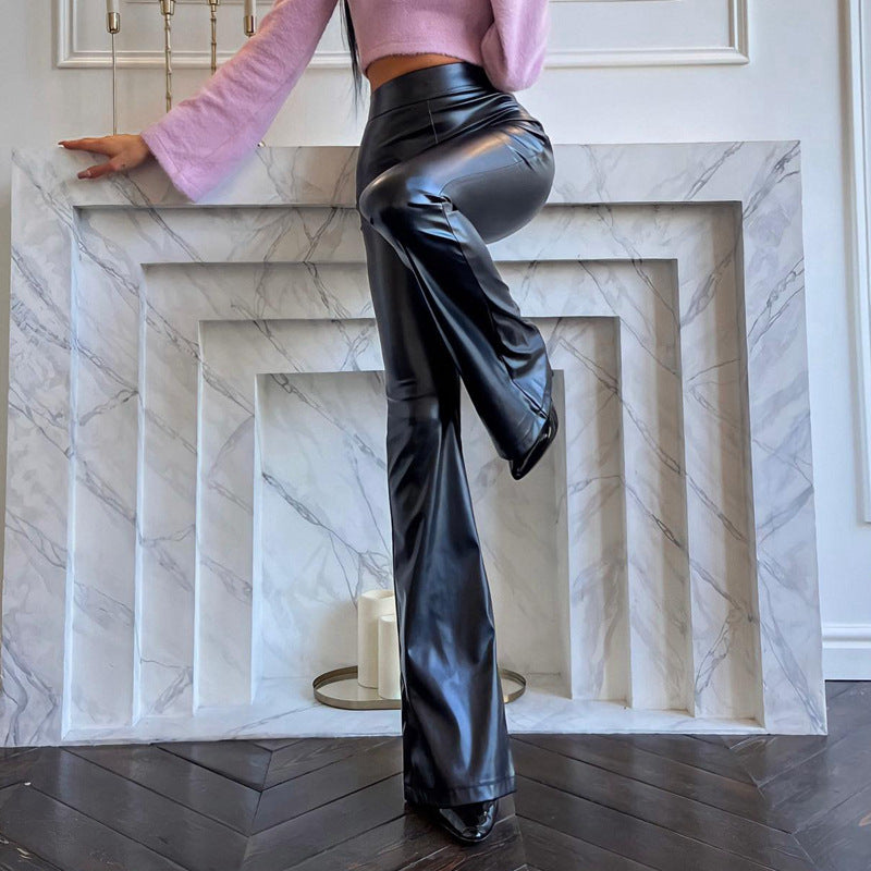 Faux-Leather High-Waist Glossy Flared Pants (7524750065752)