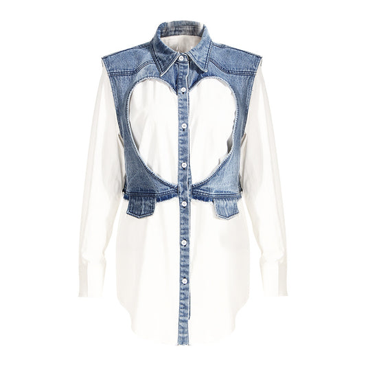 Heart-Shaped Denim - Hollow Out Cut-Out Heart-Shaped Two-Piece Denim Shirt (7519157452888)