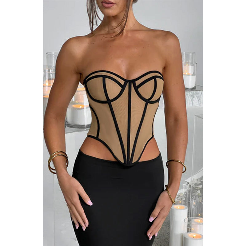 Contrastic - Backless Contrast Color Lines Corset Tube Top Crop-Top (7517959094360)