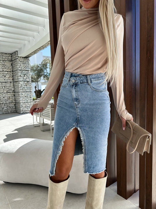 Solid Color Denim Hip Slit Skirt