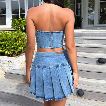 Denim With Me - Denim Tube Top & High-Waist Split Skirt Set (7519198019672)