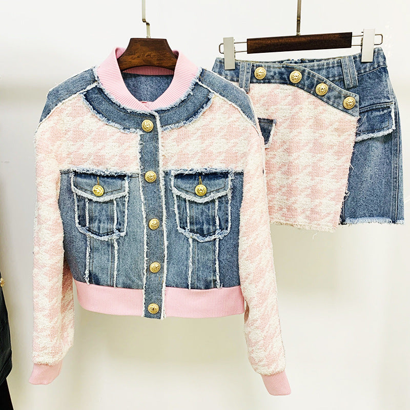 Houndstooth - Denim Fringe Jacket Coat Skirt Two-Piece Set (7519157944408)
