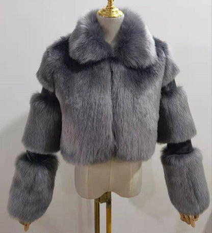 Patchwork Collared Haining Faux Fur Coat