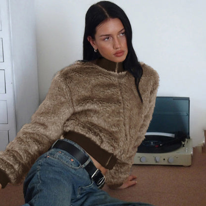 Maillard Thickened Fur Stand-Collar Zipper Coat