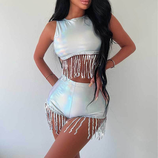 Silver Metallic Coated Fabric - Tassel Shaped Vest Two-Piece Set (7517617979480)
