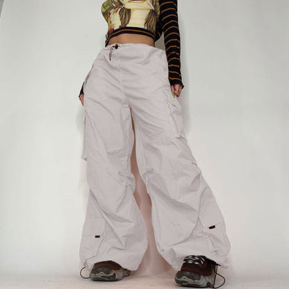 Pocket Patchwork Cargo Pants Low-Waist Drawstrings Ankle-Tied Wide Leg Pants (7524754227288)