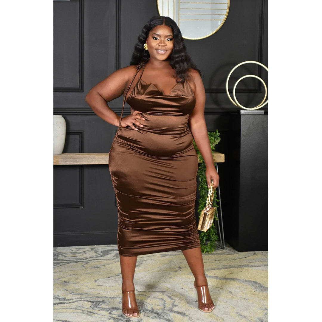Plus-Size Halter Lace-Up Pleated Zip-Up Glossy Dress (7516663447640)