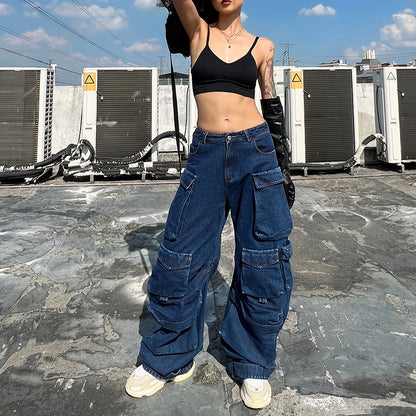 Oversized-Pockets High-Waist Wide Leg Denim Jeans