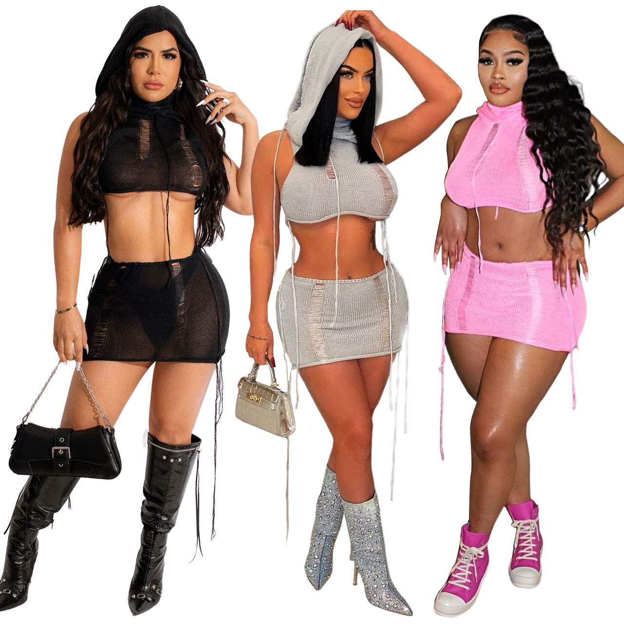 Women Clothing Sleeveless Hooded Hollow Out Cutout Sexy Hip Tassel Woolen Skirt Set (7524905287768)