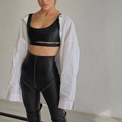 Faux-Leather Stretch-Tight High-Waist Stitching Hip Lift Pants (7524755046488)