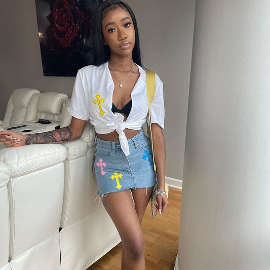 Colorful Criss-Crosses - Criss-Cross Stitch Denim Skirt (7519213289560)