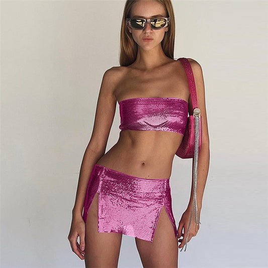 Mini Outfit - Backless Tube Top High Waist Slim-Fit Slit Skirt Set (7517613391960)