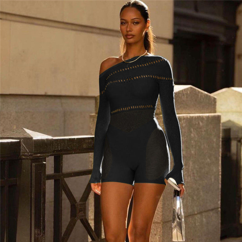 Shoulder-Jacquard Long Sleeves Fishnet Romper