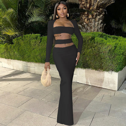 Solid Color Long Sleeves Skirt & Top Two-Piece Set (7524301963352)