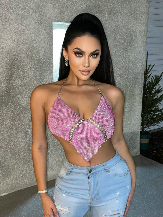 Rhinestones Diamond Hanky Chain Halter Crop-Top