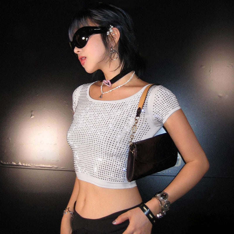 Rhinestones Short Sleeves Crop-Top