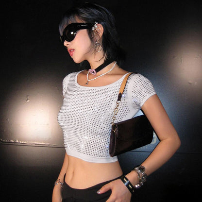 Rhinestones Short Sleeves Crop-Top
