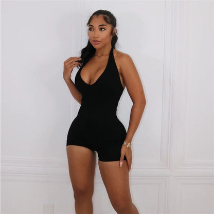 Low-Collar Halter Backless Romper