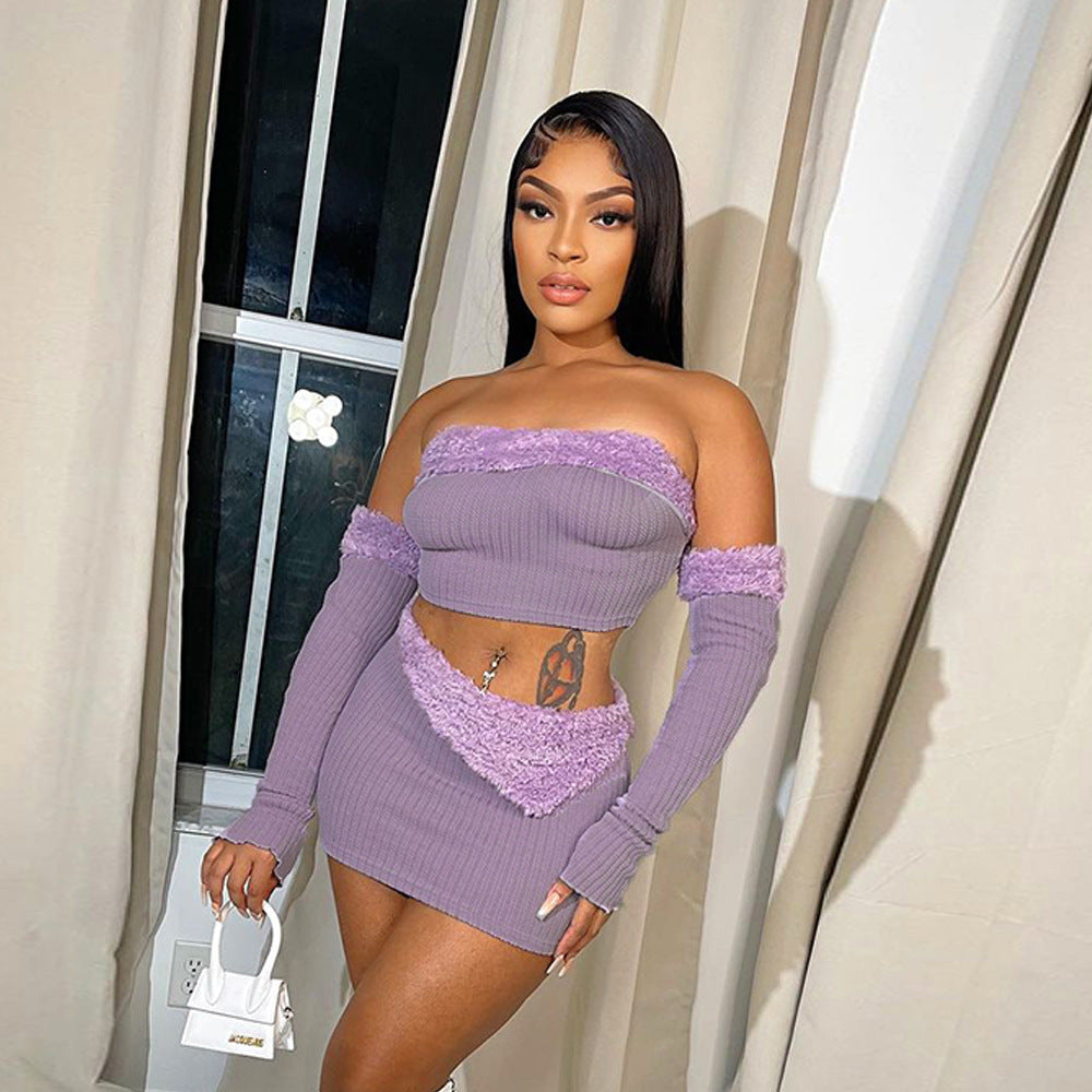 Sexy off the Shoulder Wrapped Chest Hollow Out Cutout Cropped Fur Hip Skirt Set (7524905091160)