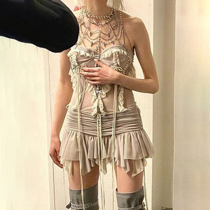 Niche Pleated Asymmetrical Mesh Mini Skirt