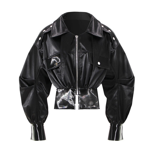 Thick Leather Coat Women Short Internet Popular Jacket High Waisted Cinched Waist Figure Flattering Motorcycle Cotton Padded Coat Small Coat (7524988223576)
