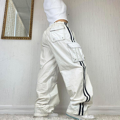 Drawstrings White/Black Ribbon-Pocket Stitching Straight Leg Pants Jeans