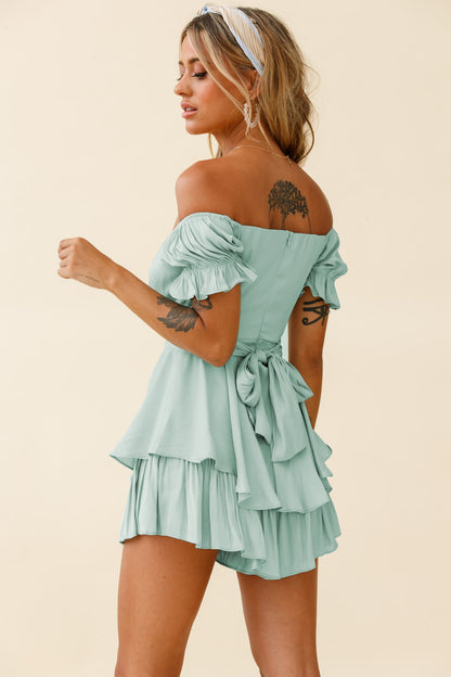 Solid Color Neck Lantern Ruffle Sleeves Romper
