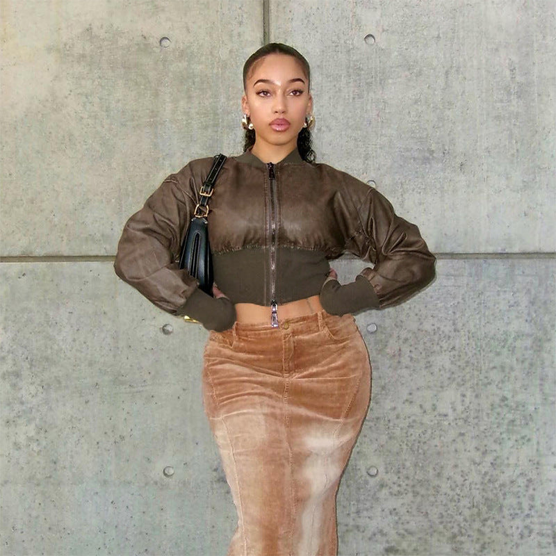 Faux Leather Long Sleeves - Solid Color Waisted Cropped Coat Top (7516616392792)