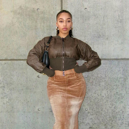 Faux Leather Long Sleeves - Solid Color Waisted Cropped Coat Top (7516616392792)