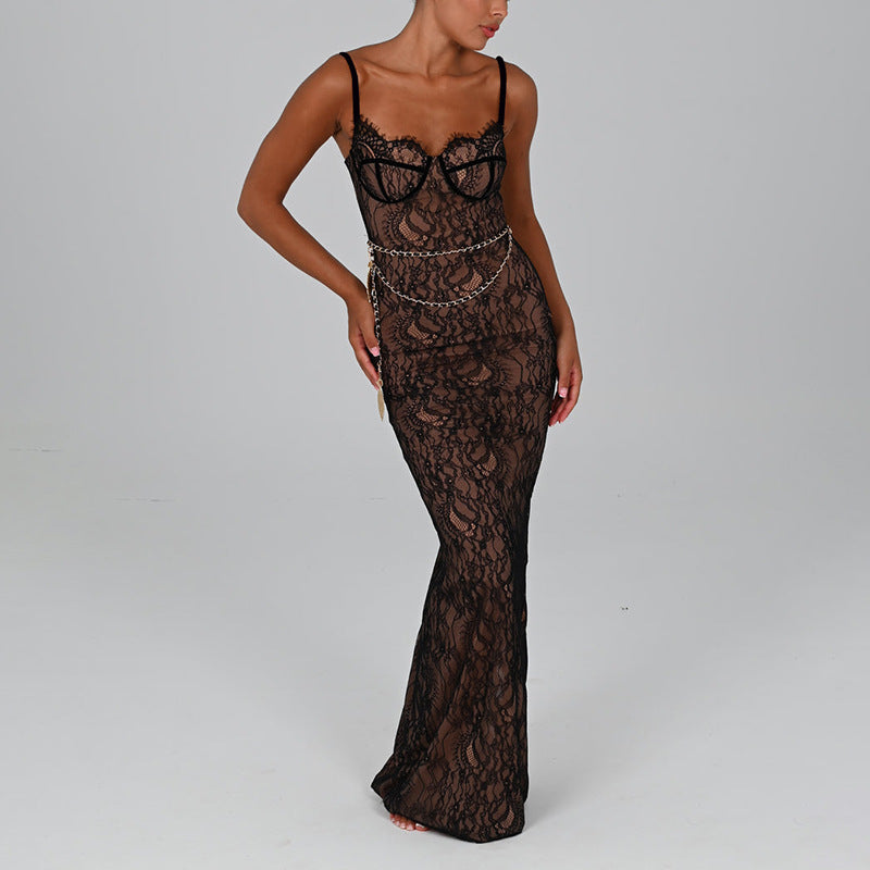 Stitched Backless Lace - Sleeveless Split Maxi Dress (7516660170840)