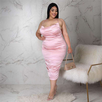 Plus-Size Halter Lace-Up Pleated Zip-Up Glossy Dress (7516663447640)