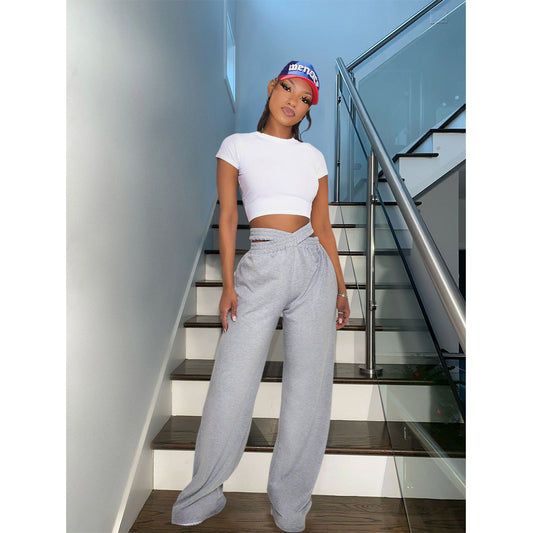 Solid Color Double-Layer Waistband Wide-Leg Pants