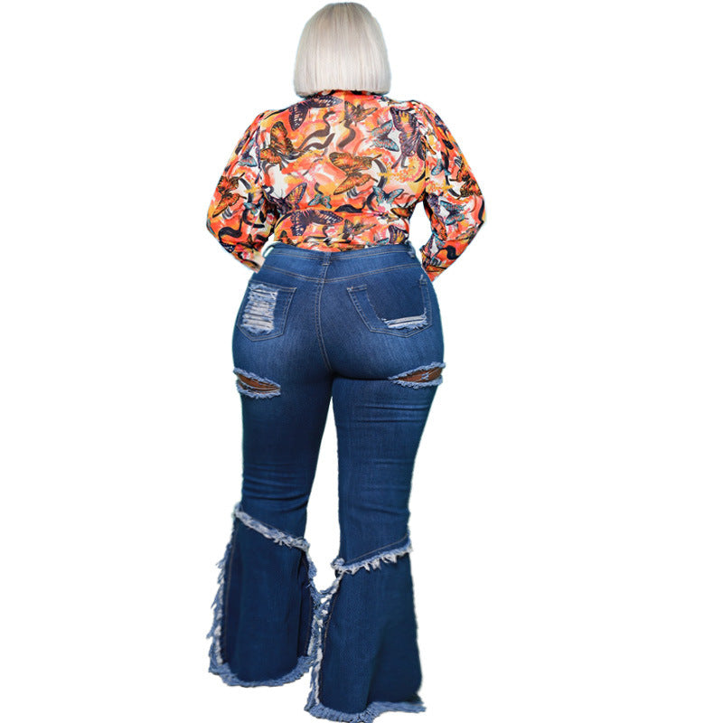 Plus-Size Distressed Tassel Denim Jeans (7524819435608)