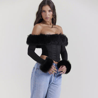 Fur Colla - Fur Collar Off-Shoulder Slim Corset Crop-Top (7516561539160)