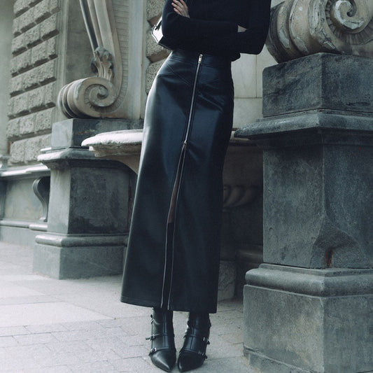 Sheath High-Waist Zipper Split Black Leather Skirt